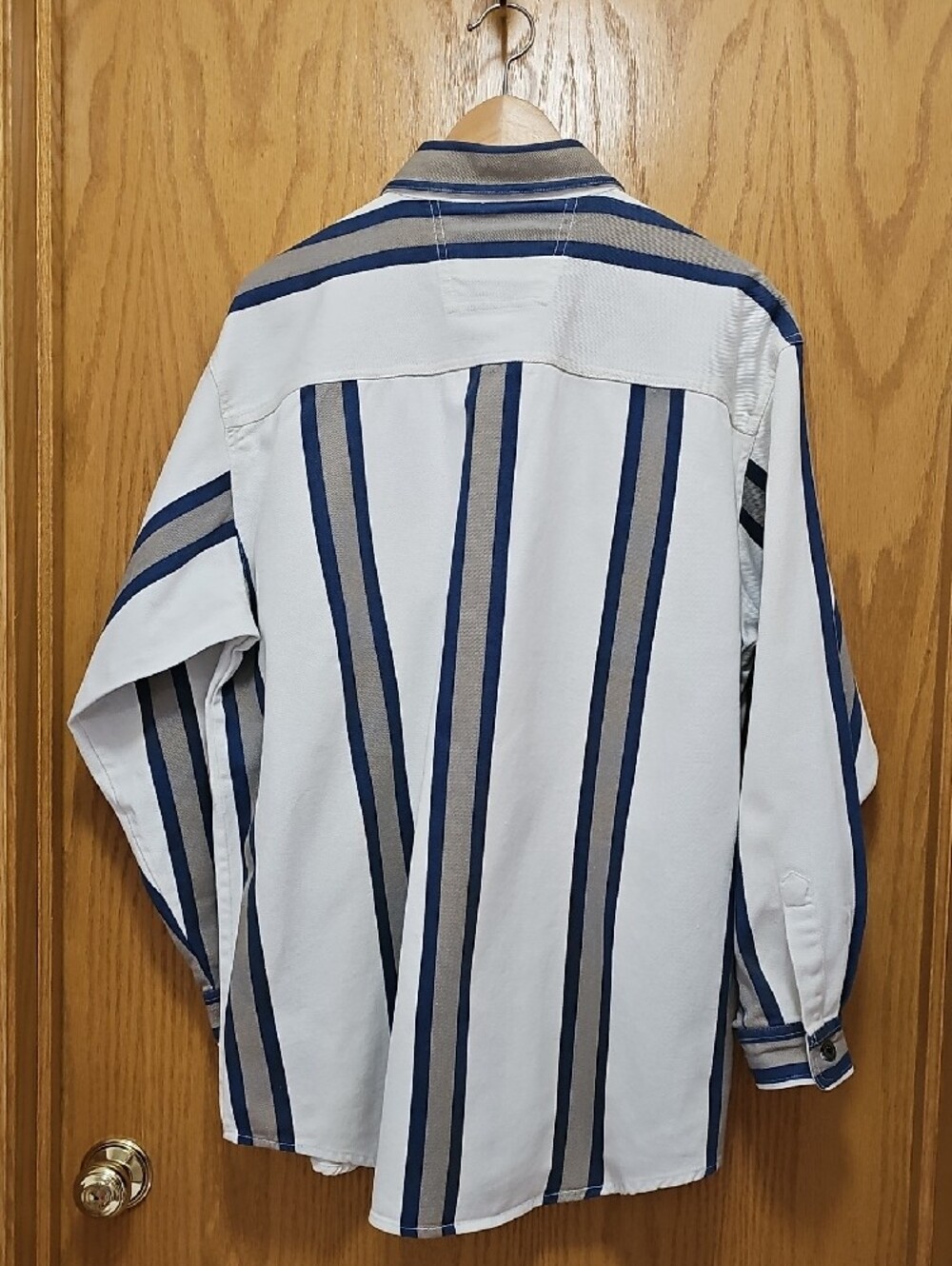 Men's Striped Button-Front Shirt Jacket with Denim Yoke - Blue & Cream - Picture 3 of 3